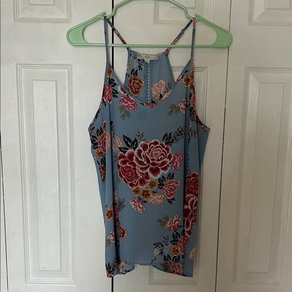 Pink Rose Dusty Blue Floral Spaghetti-Strap Cami